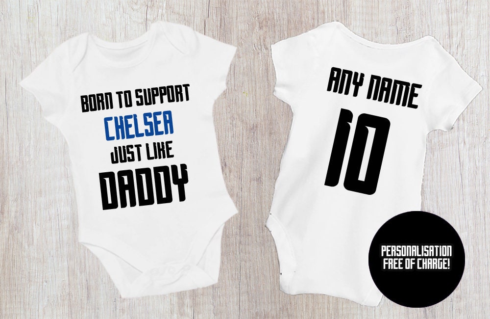 Chelsea Baby Bodysuit - Born to Support, Football Baby Vest - baby bodysuit by Sarah's Embroidery