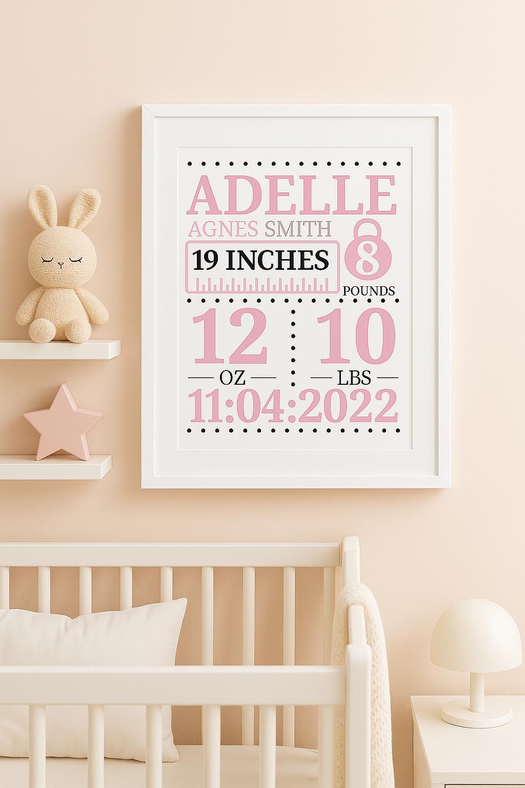 Personalised Baby Birth Stats Print: Custom Nursery Decor Keepsake - wall art print by Sarah's Embroidery