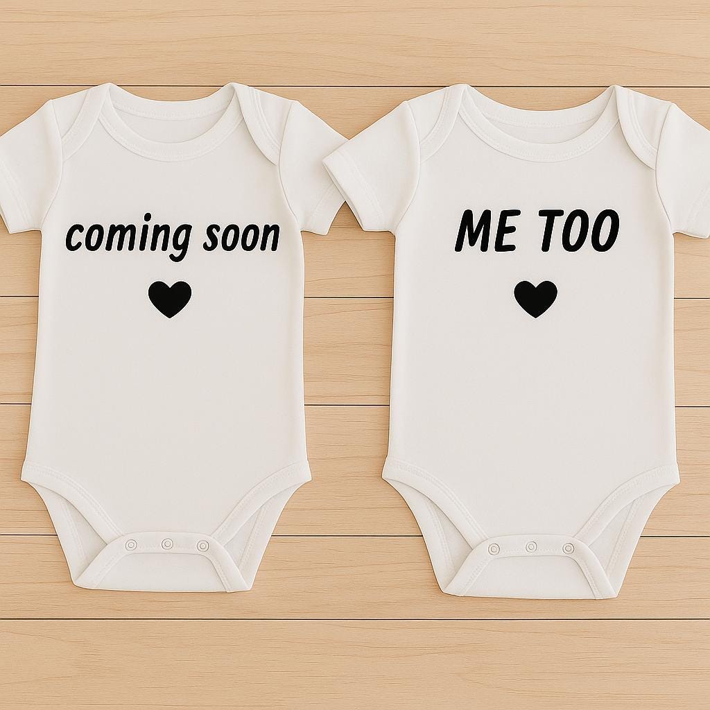 Coming Soon + Me Too Matching Bodysuits – Pregnancy Announcement Twins or Siblings Set - baby bodysuit by Sarah's Embroidery