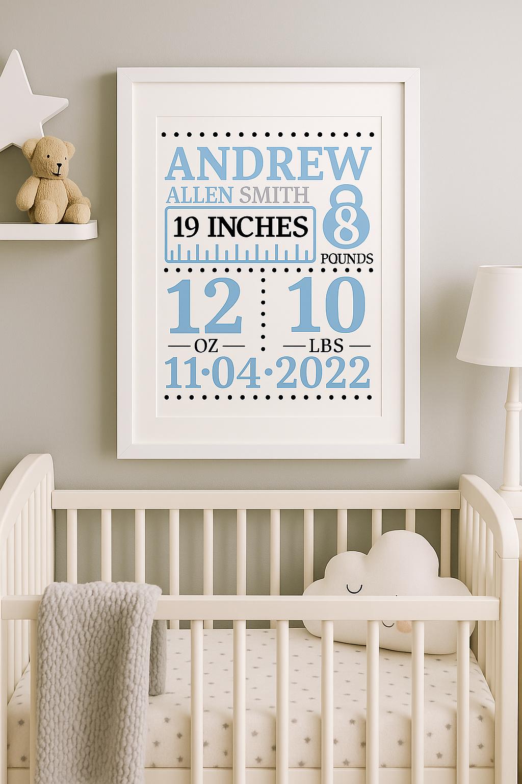 Personalised Baby Birth Stats Print: Custom Nursery Decor Keepsake - wall art print by Sarah's Embroidery