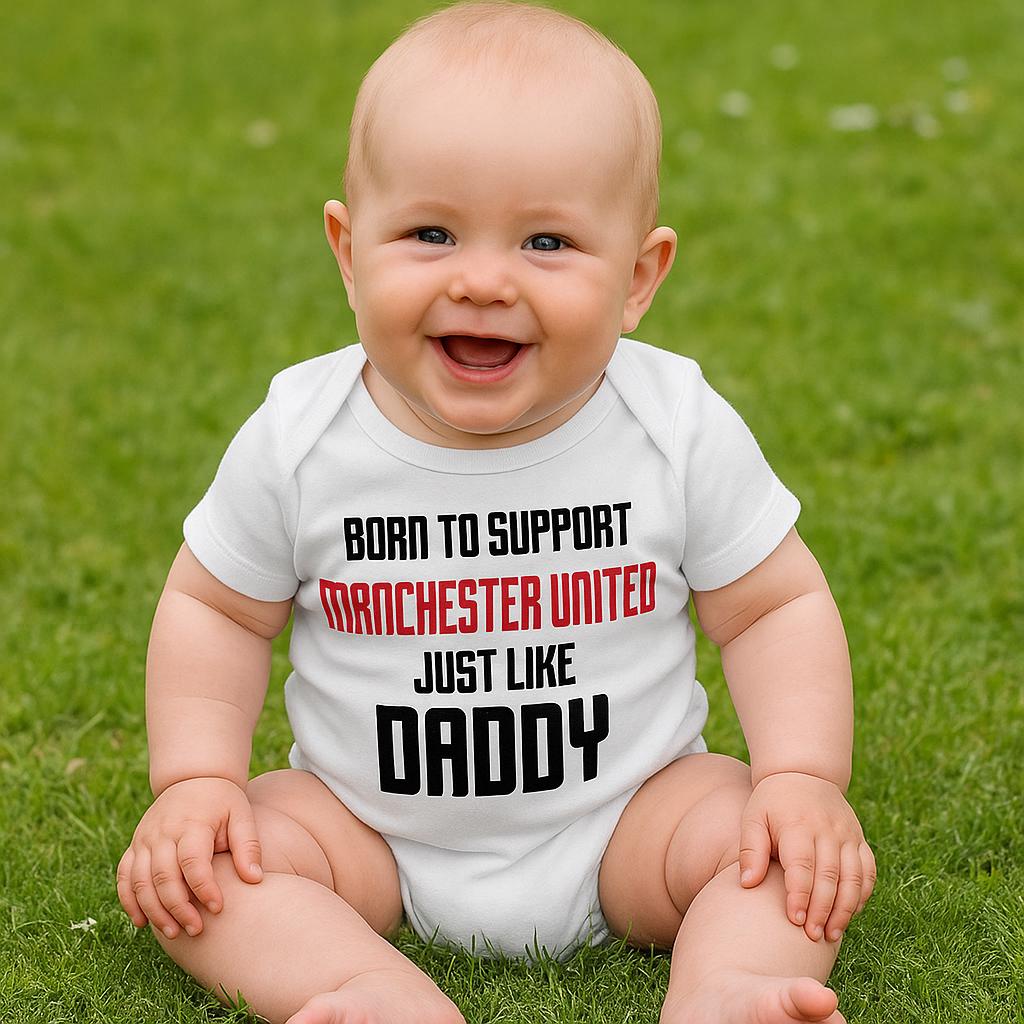 Manchester United Baby Bodysuit - Born to Support Football Team - baby bodysuit by Sarah's Embroidery