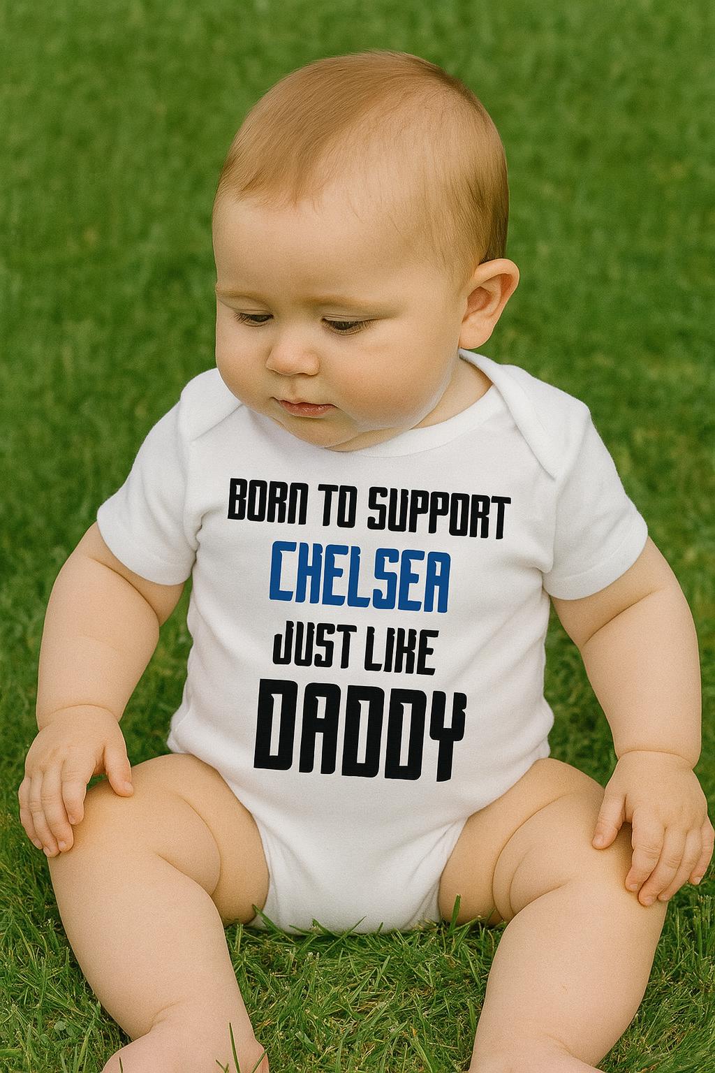 Chelsea Baby Bodysuit - Born to Support, Football Baby Vest - baby bodysuit by Sarah's Embroidery