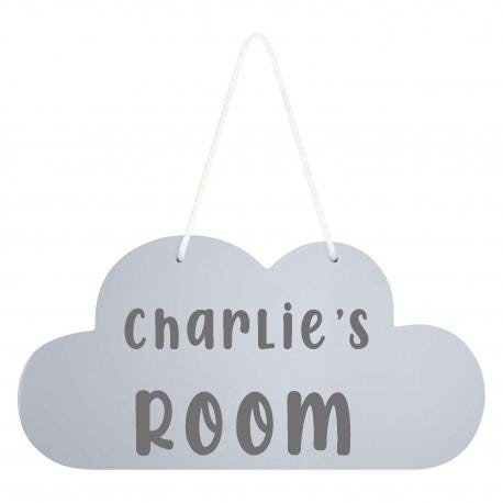 Personalised Nursery Cloud Sign – Custom Name “Room” Plaque – Blue, Pink, or Grey - wall art print by Sarah's Embroidery