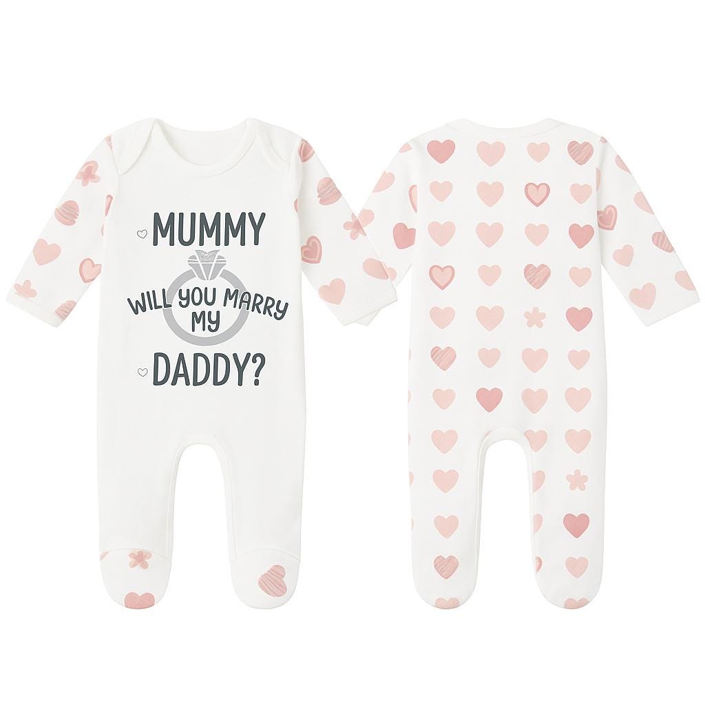 Baby Proposal Sleepsuit – “Will You Marry My Mummy/Daddy?” – Engagement Announcement Outfit - baby sleepsuit by Sarah's Embroidery