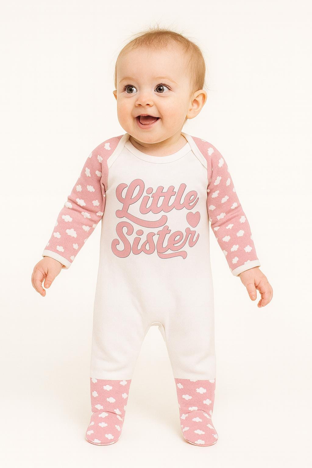 Little Sister Baby Sleepsuit – Pink Cloud Pattern – Newborn & Infant Outfit - baby bodysuit by Sarah's Embroidery