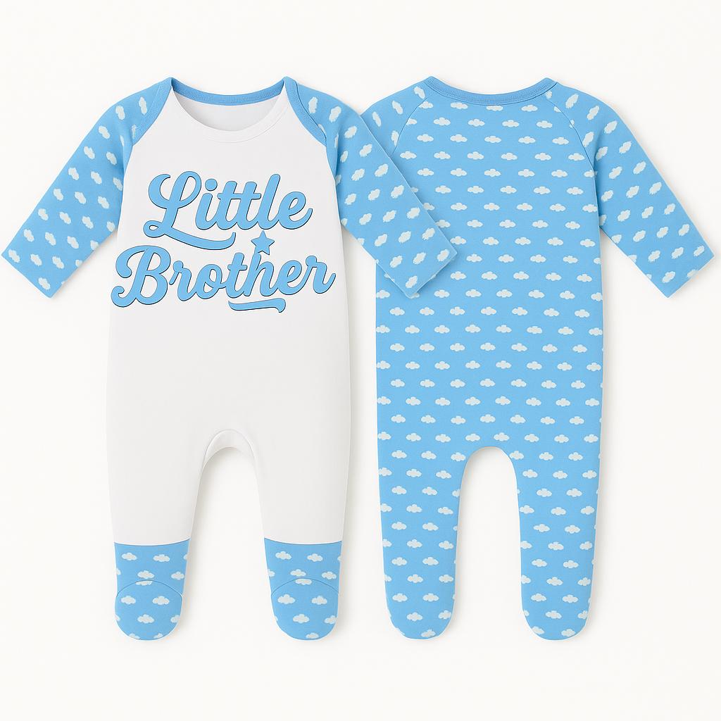 Little Brother Baby Sleepsuit – Blue Cloud Pattern – Newborn & Infant Outfit - baby bodysuit by Sarah's Embroidery