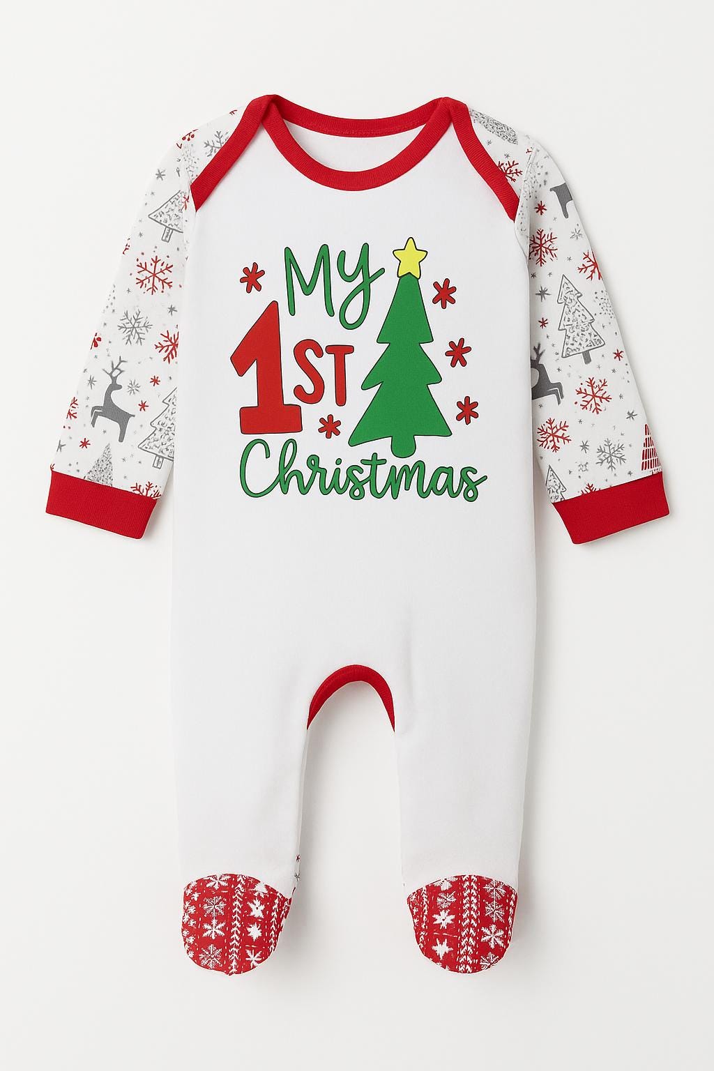 My 1st Christmas Baby Sleepsuit – Festive Newborn Outfit – Red, Green & White Reindeer Design - baby bodysuit by Sarah's Embroidery