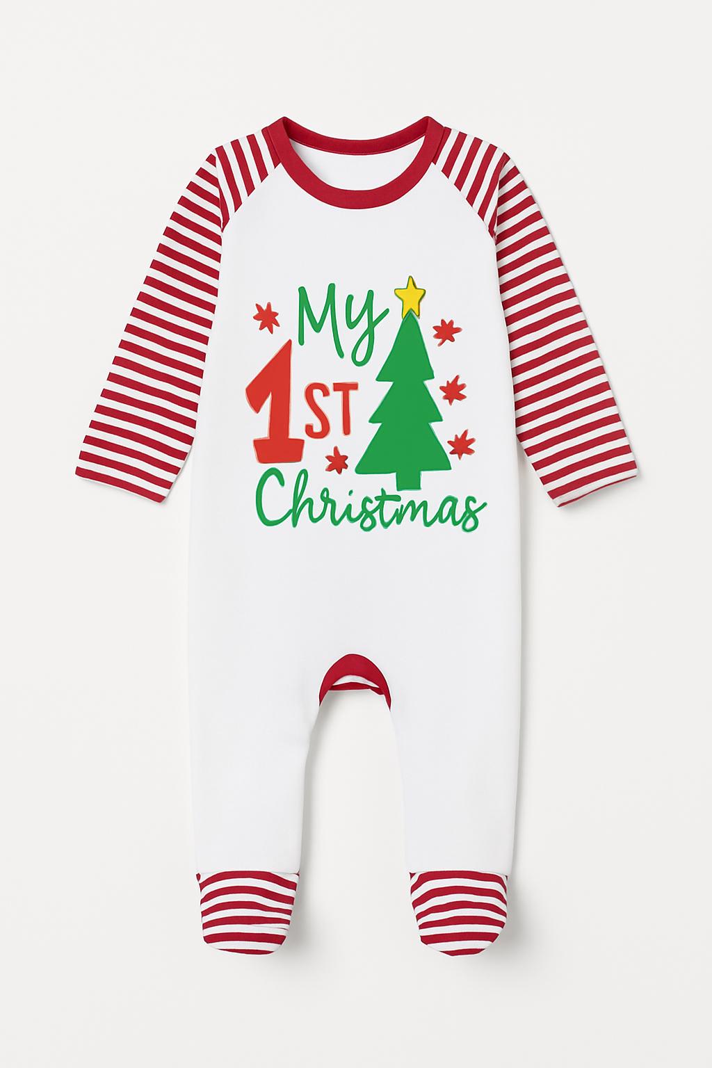 My 1st Christmas Baby Sleepsuit – Red & White Stripes – Festive Newborn Outfit - baby bodysuit by Sarah's Embroidery