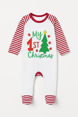 My 1st Christmas Baby Sleepsuit – Red & White Stripes – Festive Newborn Outfit - baby bodysuit by Sarah's Embroidery