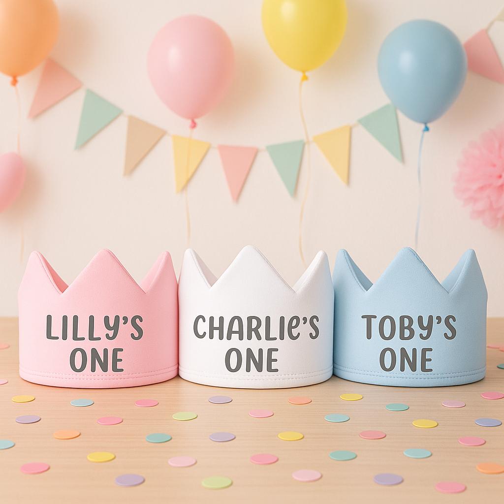 Personalised 1st Birthday Crown: Custom Party Hat - Pink, White & Blue - wall art print by Sarah's Embroidery