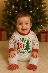 My 1st Christmas Baby Sleepsuit – Festive Newborn Outfit – Red, Green & White Reindeer Design - baby bodysuit by Sarah's Embroidery