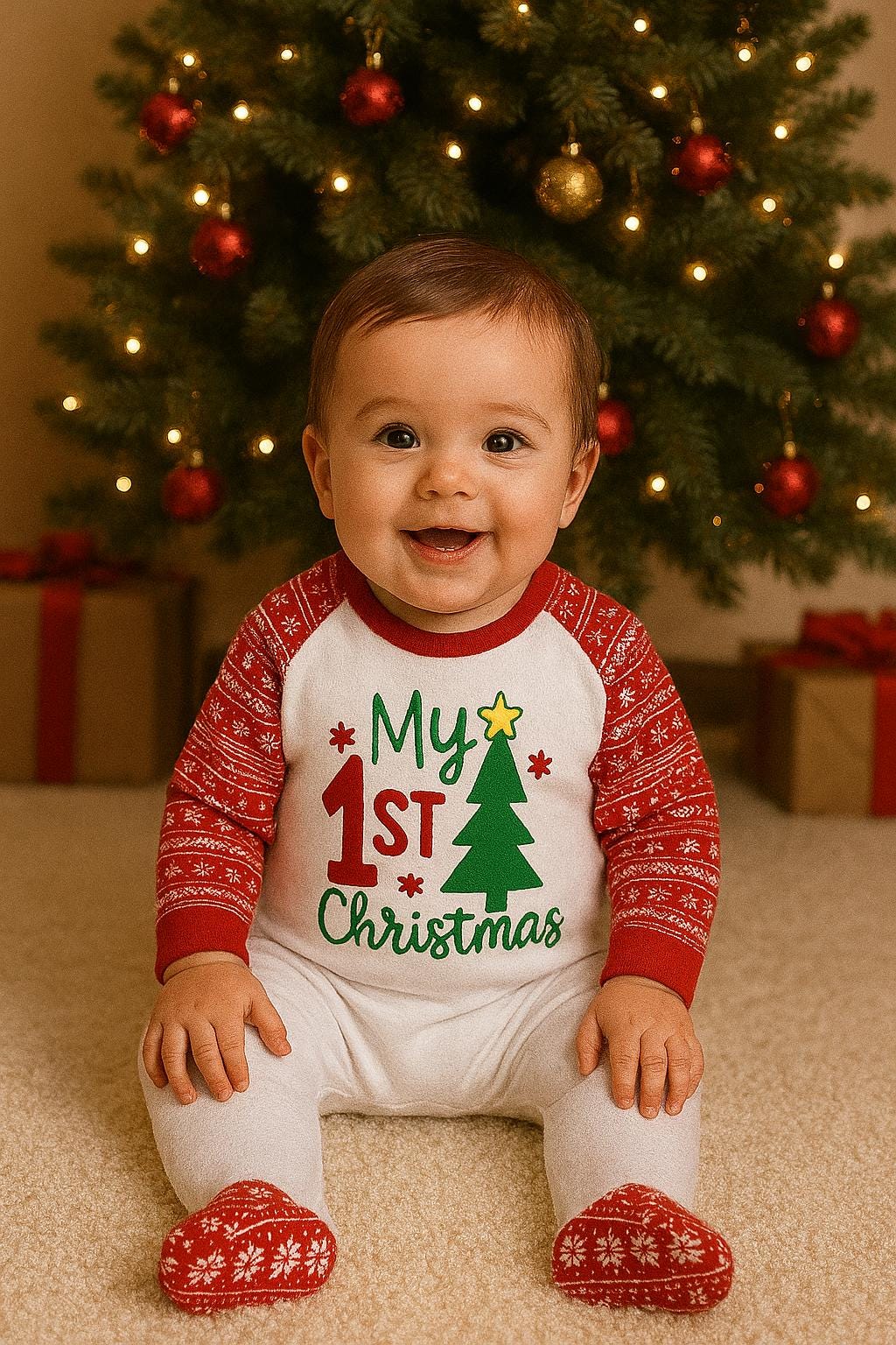 My 1st Christmas Baby Sleepsuit – Red Fair Isle Pattern – Festive Newborn Outfit - baby bodysuit by Sarah's Embroidery