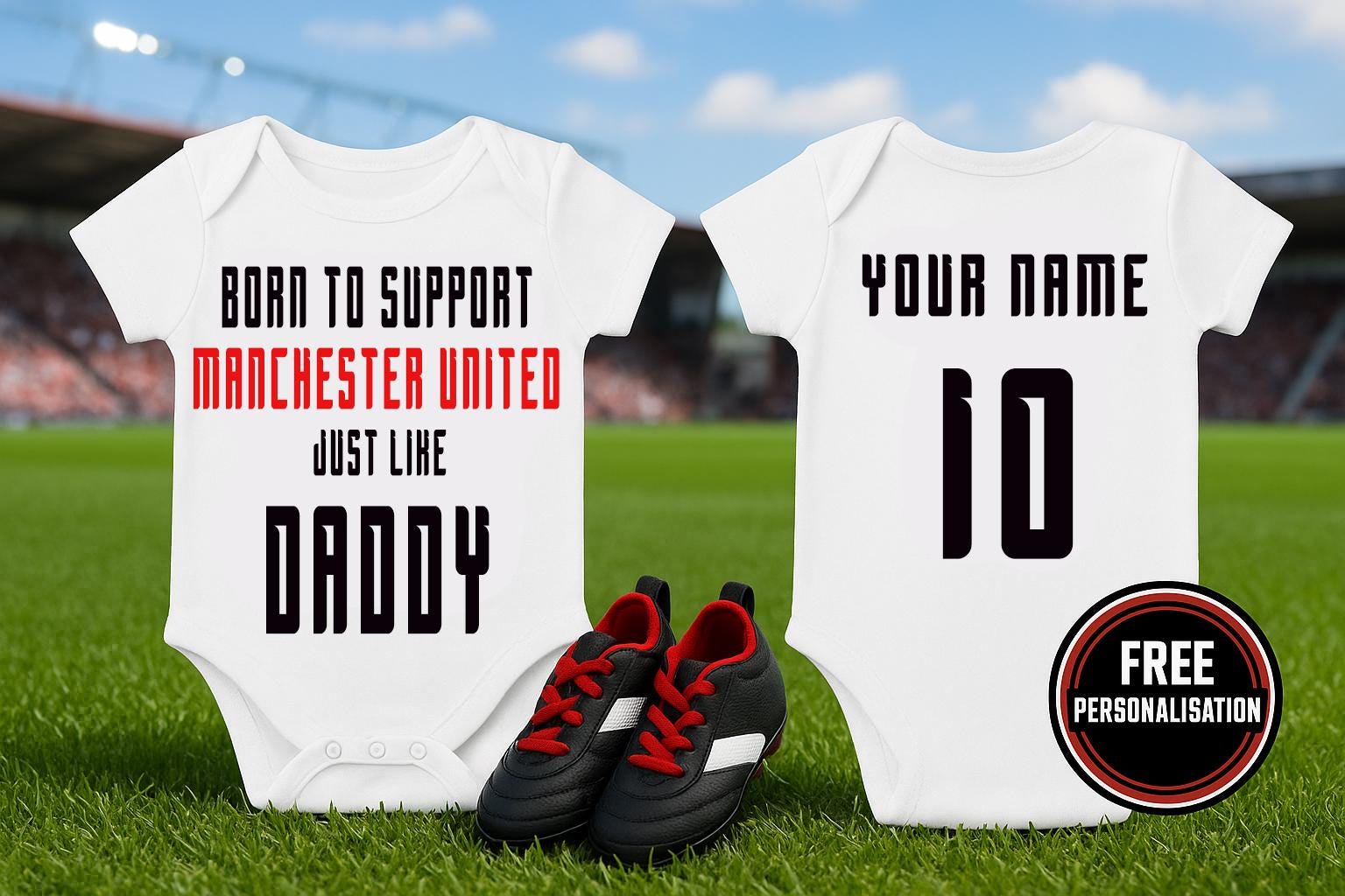 Manchester United Baby Bodysuit - Born to Support Football Team - baby bodysuit by Sarah's Embroidery