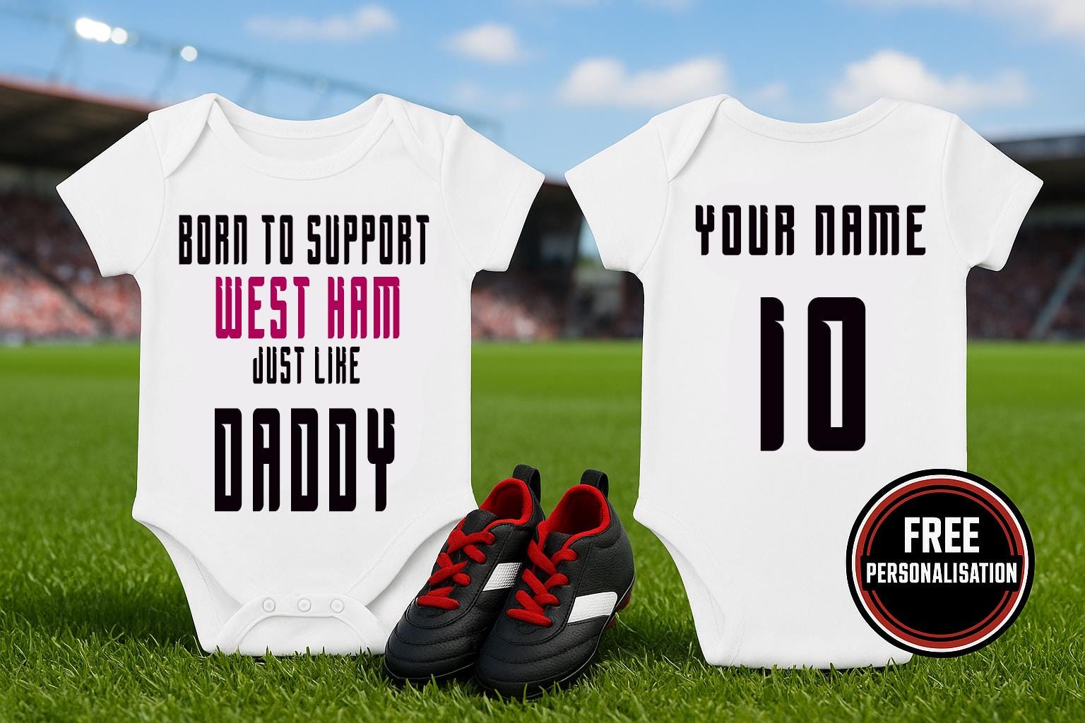 West Ham Baby Bodysuit - Born to Support Football Team - baby bodysuit by Sarah's Embroidery