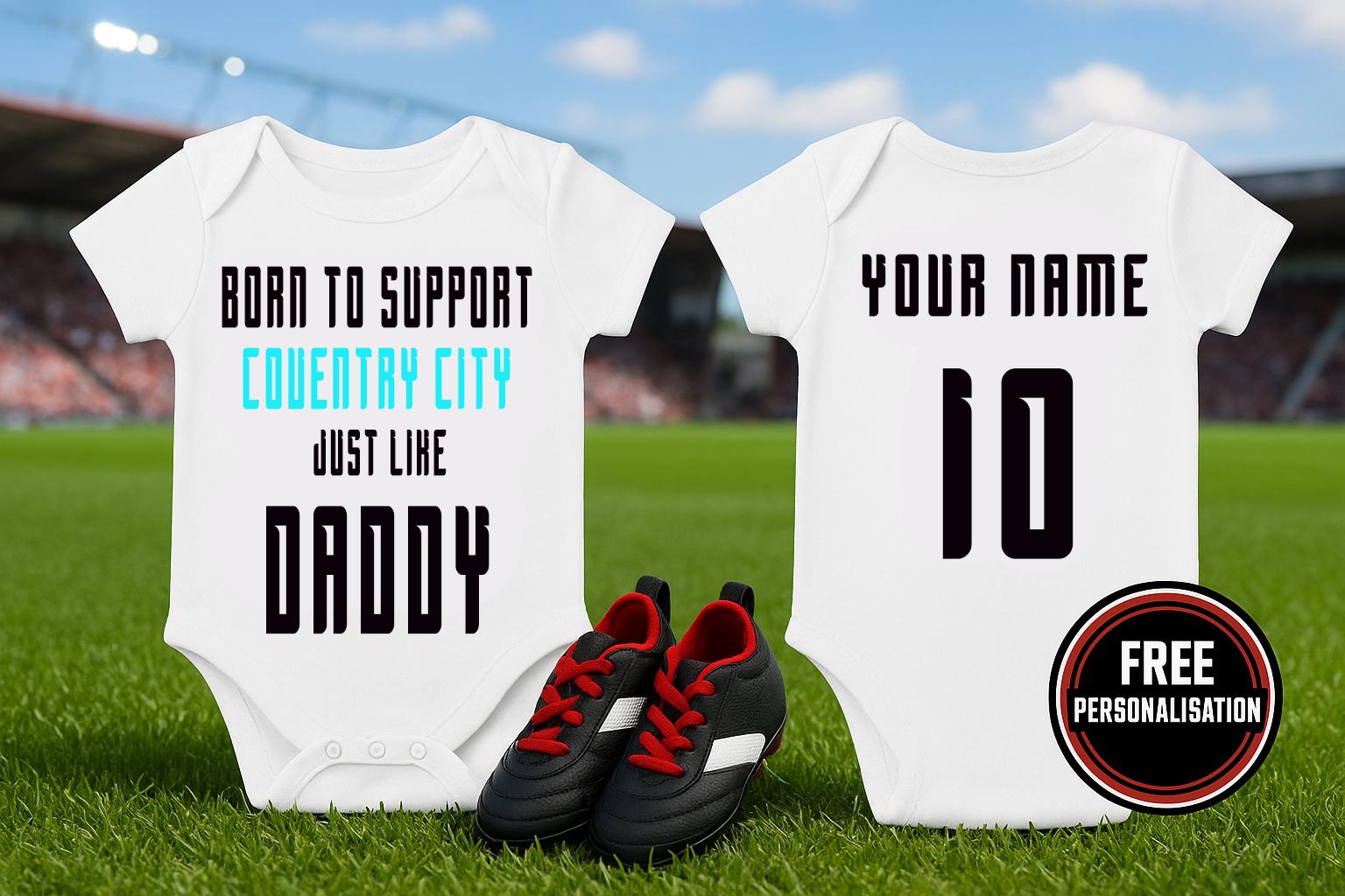 Coventry Football Baby Bodysuit, Born to Support, Baby Gift - baby bodysuit by Sarah's Embroidery