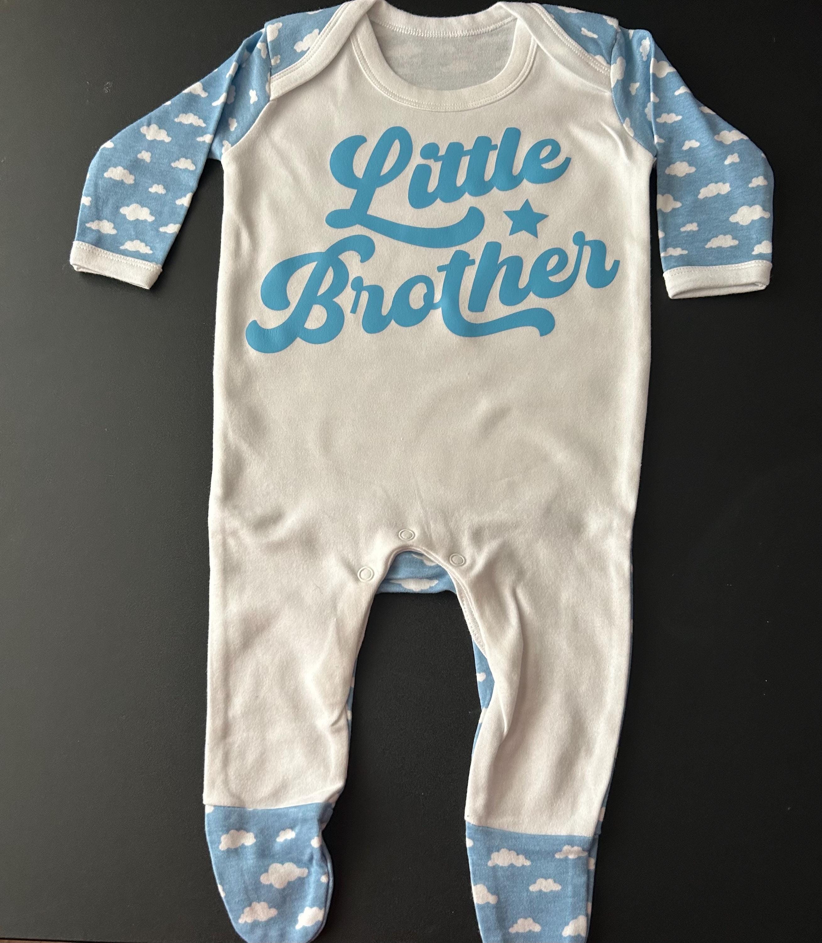 Little Brother Baby Sleepsuit – Blue Cloud Pattern – Newborn & Infant Outfit - baby bodysuit by Sarah's Embroidery