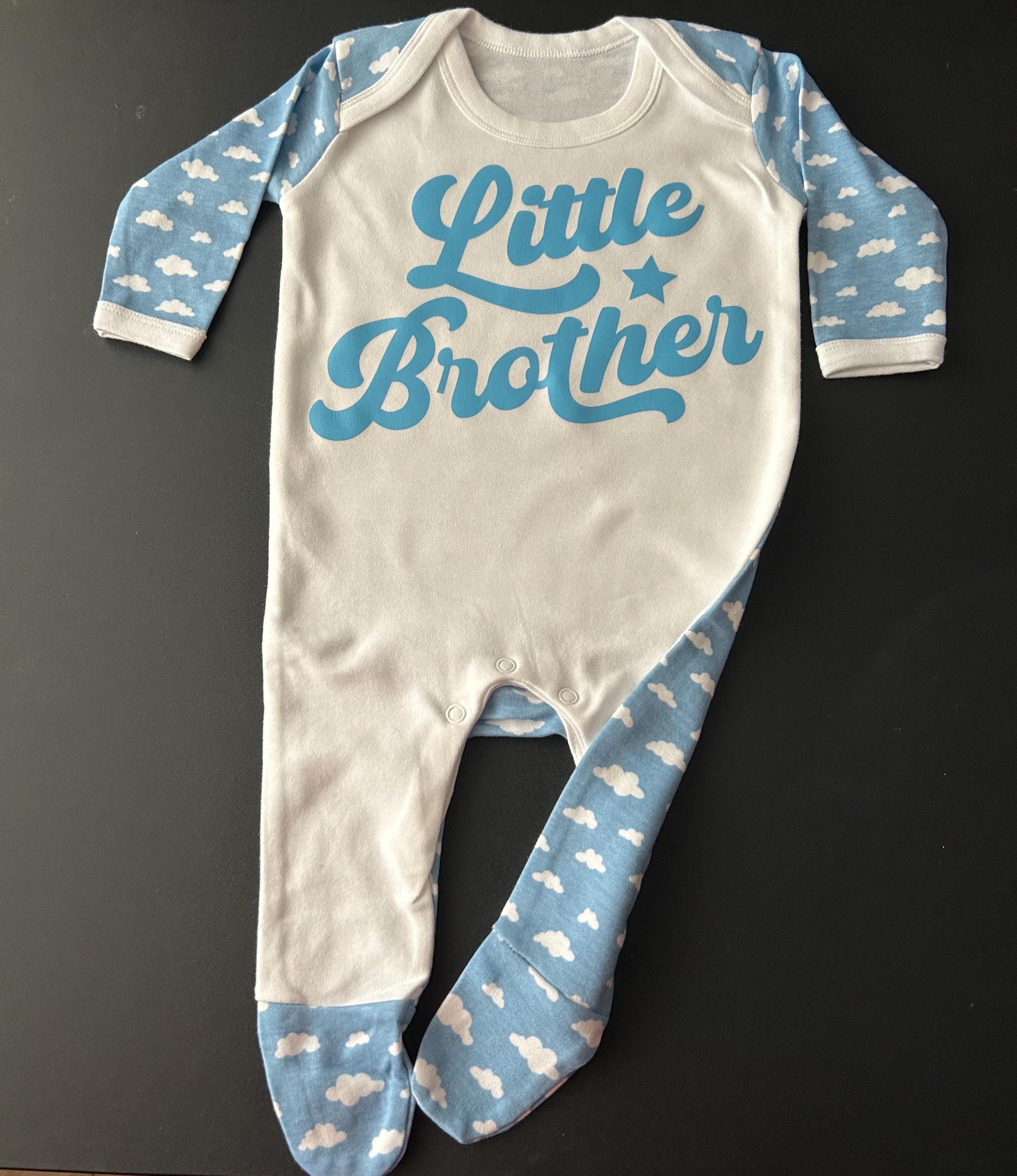 Little Brother Baby Sleepsuit – Blue Cloud Pattern – Newborn & Infant Outfit - baby bodysuit by Sarah's Embroidery