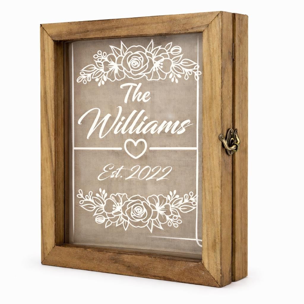 Personalised Family Name Shadow Box - Rustic Floral Wall Decor - wall art print by Sarah's Embroidery