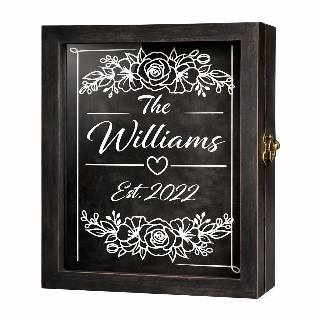 Personalised Family Name Shadow Box - Rustic Floral Wall Decor - wall art print by Sarah's Embroidery