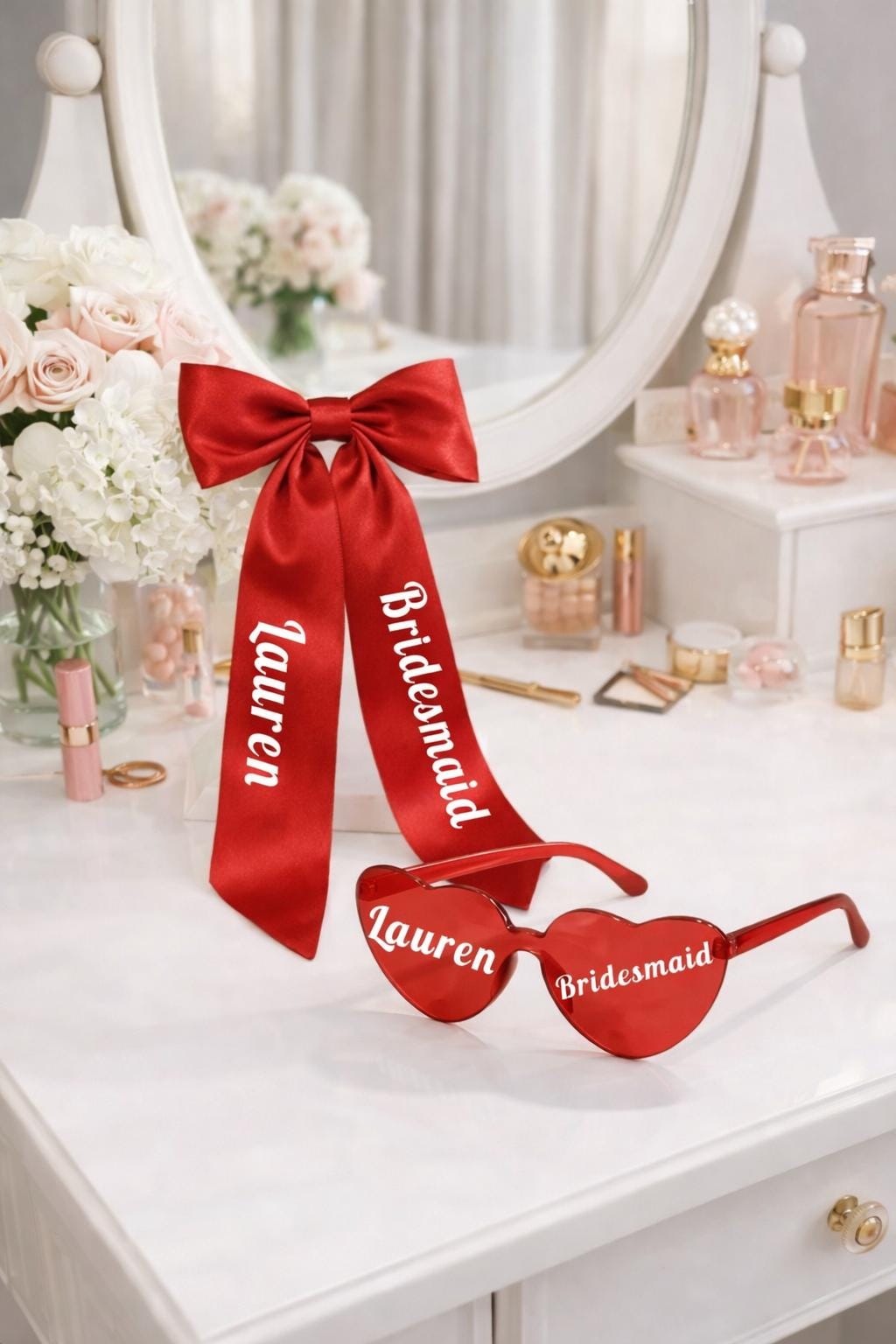 Personalised Bridesmaid Heart Sunglasses & Bow Set, Custom Bridal Party Accessories - sunglasses by Sarah's Embroidery
