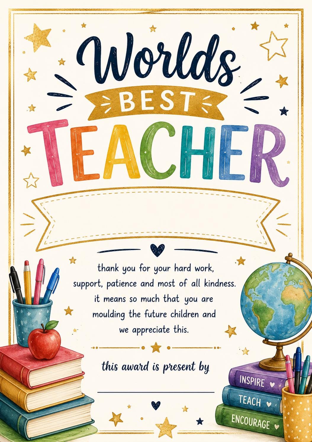 Personalised Teacher Award Certificate - End of Term School Print, Thank You Gift - wall art print by Sarah's Embroidery