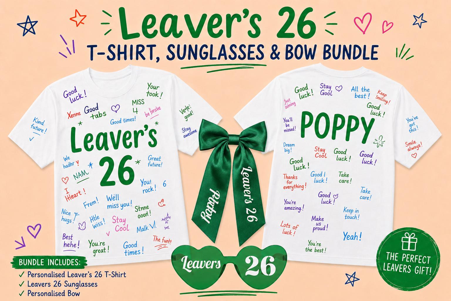 Personalised Leaver's 26 T-Shirt, Sunglasses, Bow Bundle (Class of 2026) - t-shirt by Sarah's Embroidery