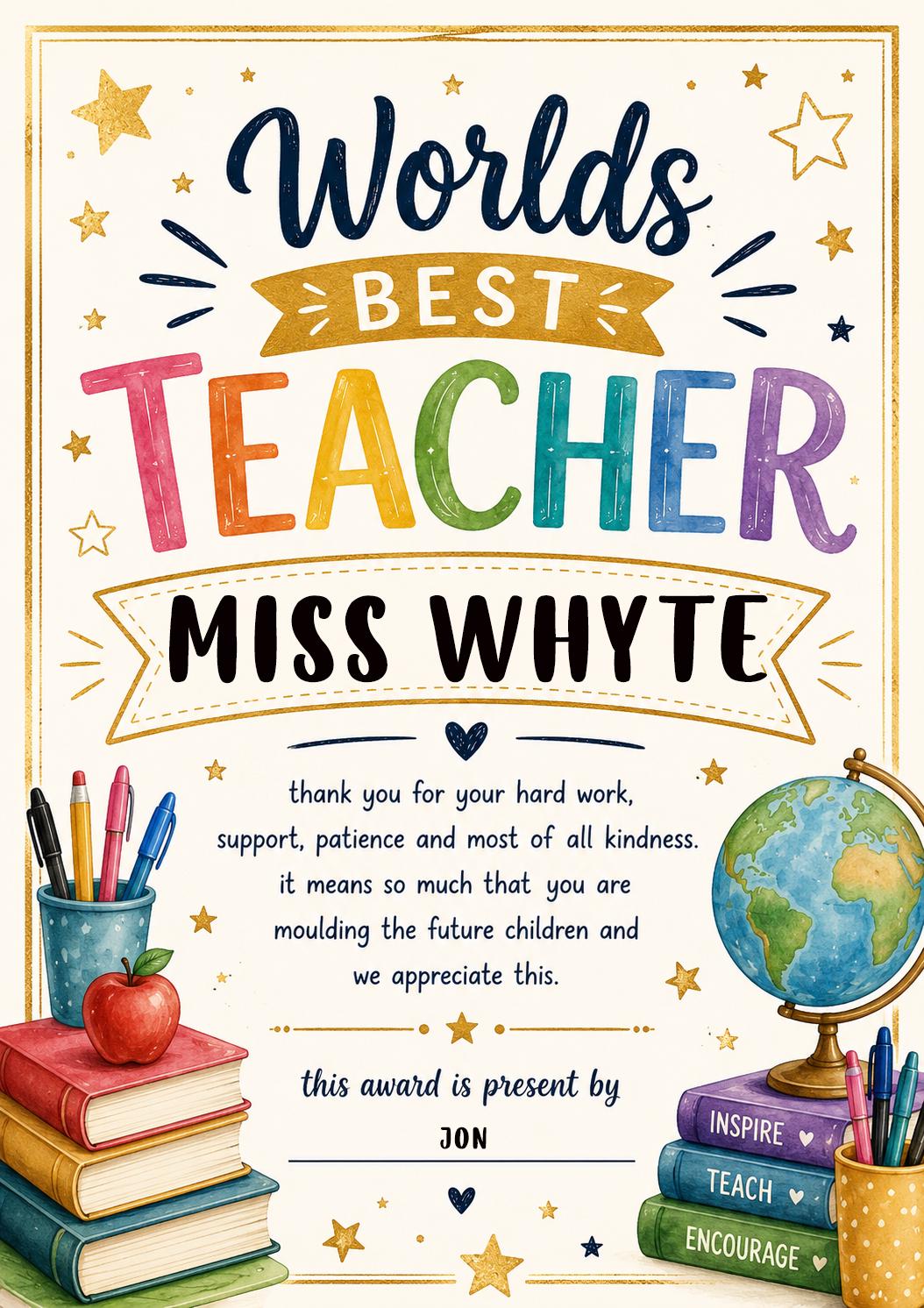 Personalised Teacher Award Certificate - End of Term School Print, Thank You Gift - wall art print by Sarah's Embroidery