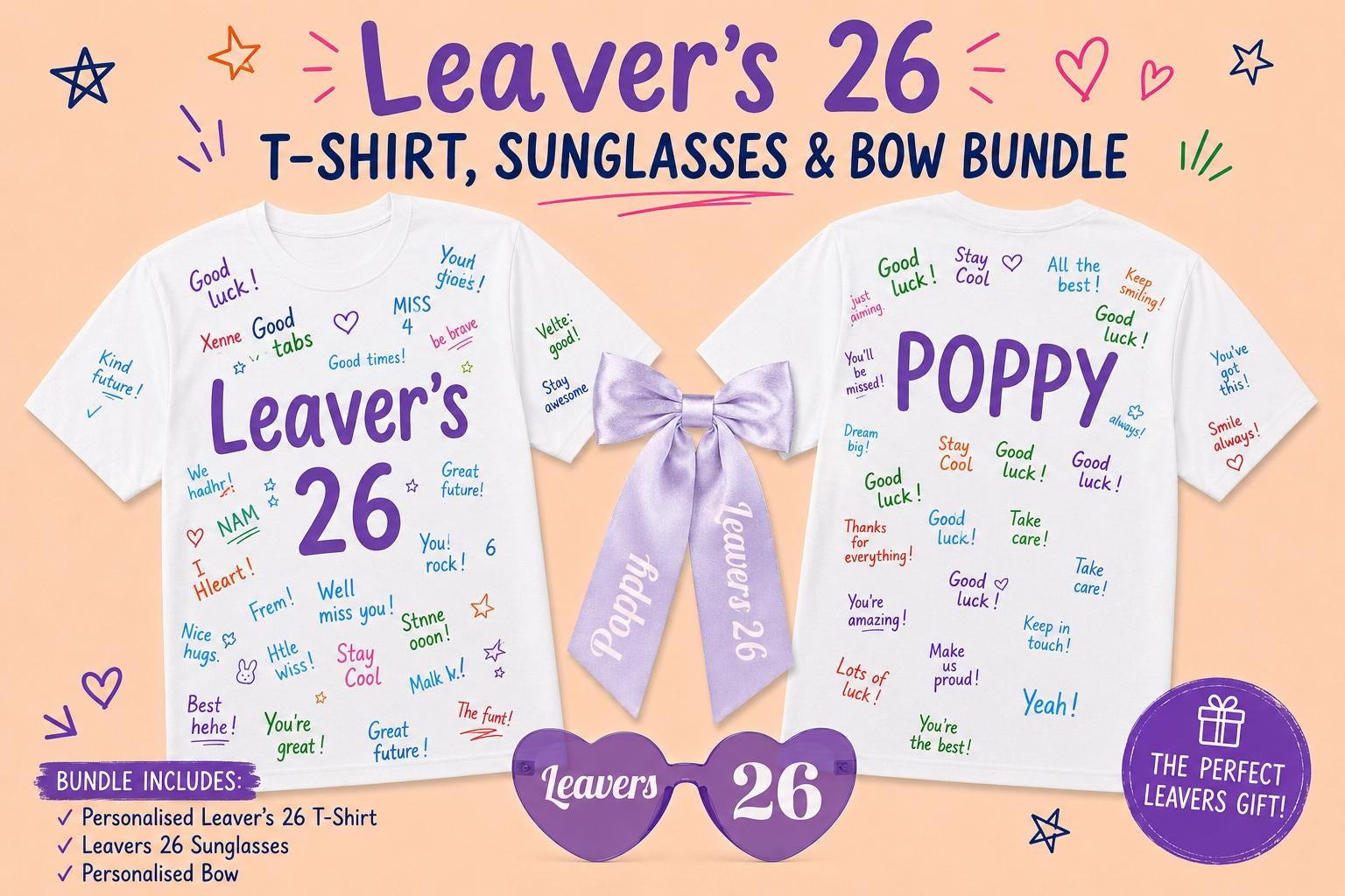 Personalised Leaver's 26 T-Shirt, Sunglasses, Bow Bundle (Class of 2026) - t-shirt by Sarah's Embroidery