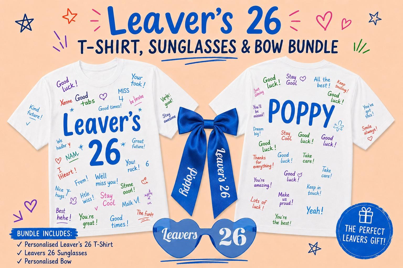 Personalised Leaver's 26 T-Shirt, Sunglasses, Bow Bundle (Class of 2026) - t-shirt by Sarah's Embroidery
