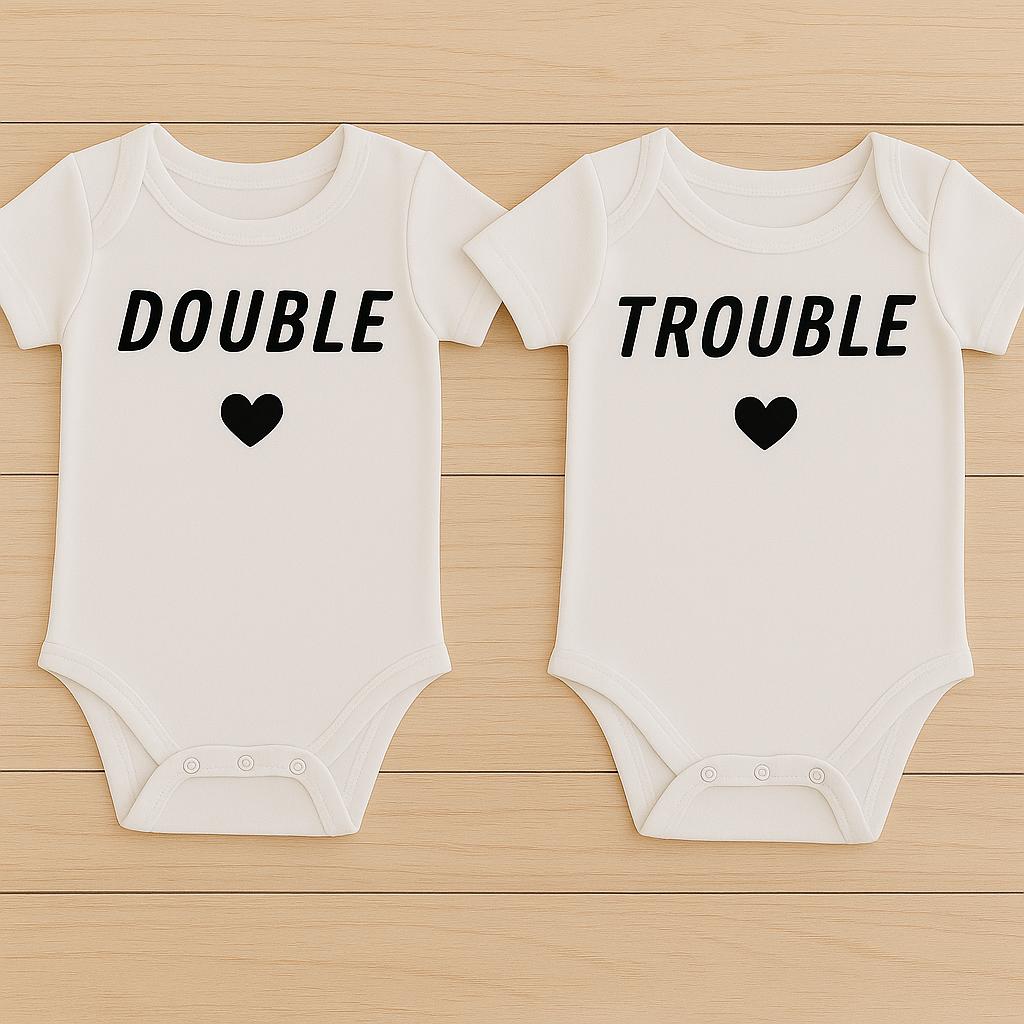 DOUBLE TROUBLE Baby Bodysuit Set – Funny Matching Outfits for Twins or Siblings - baby bodysuit by Sarah's Embroidery