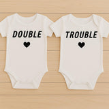 DOUBLE TROUBLE Baby Bodysuit Set – Funny Matching Outfits for Twins or Siblings - baby bodysuit by Sarah's Embroidery