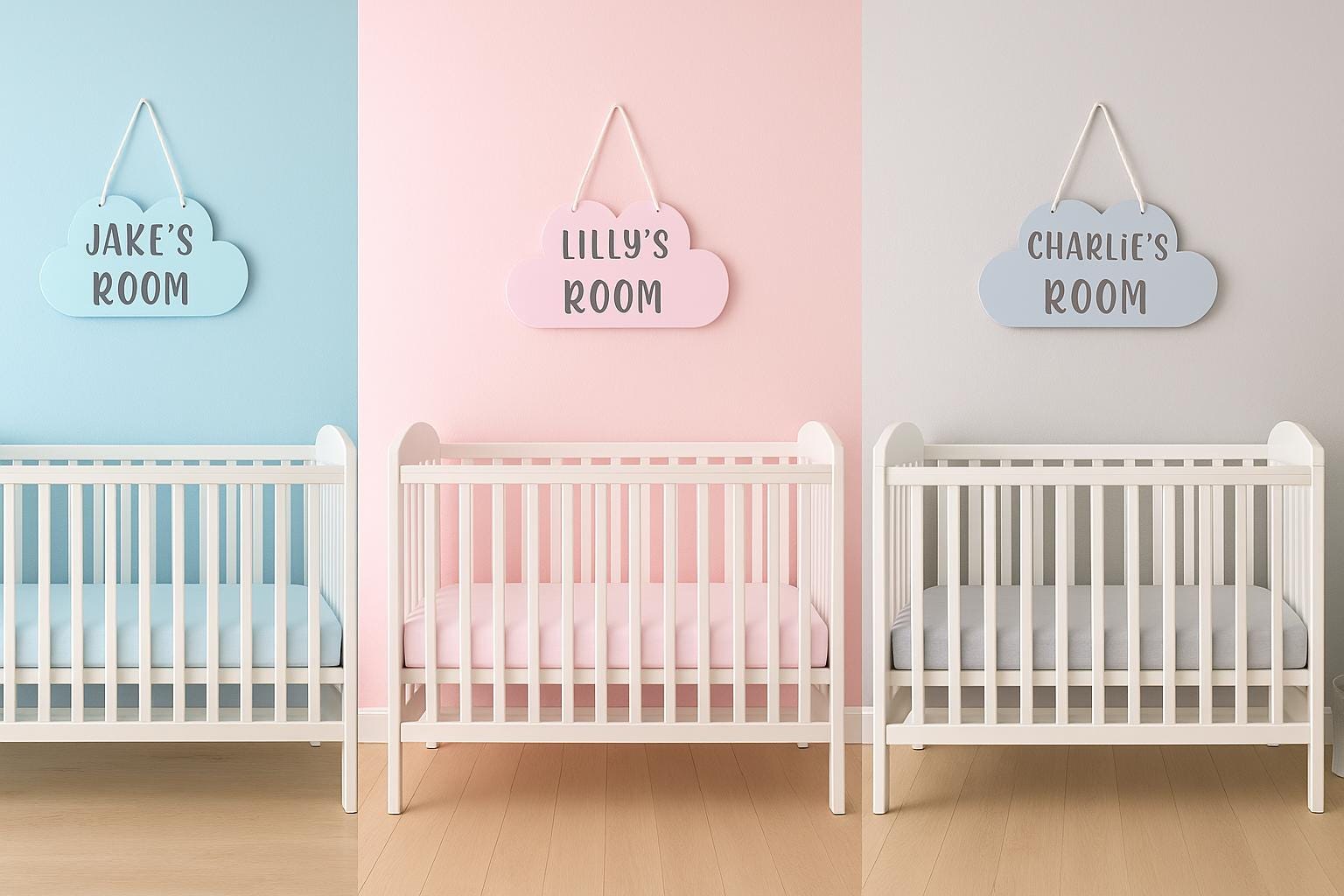 Personalised Nursery Cloud Sign – Custom Name “Room” Plaque – Blue, Pink, or Grey - wall art print by Sarah's Embroidery