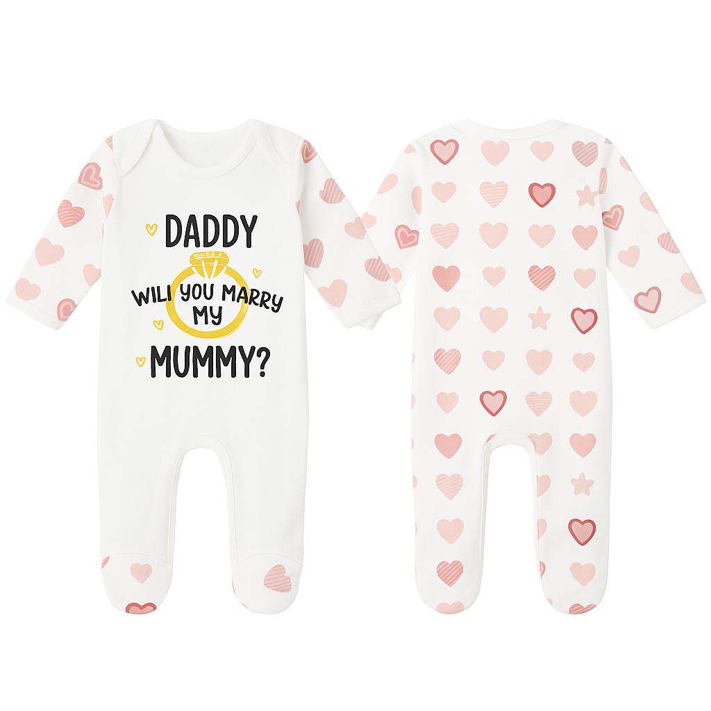 Baby Proposal Sleepsuit – “Will You Marry My Mummy/Daddy?” – Engagement Announcement Outfit - baby sleepsuit by Sarah's Embroidery
