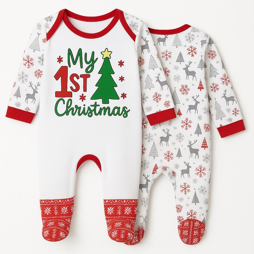 My 1st Christmas Baby Sleepsuit – Festive Newborn Outfit – Red, Green & White Reindeer Design - baby bodysuit by Sarah's Embroidery