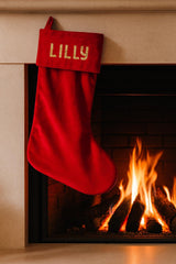 Personalised Red Christmas Stocking – Custom Name Glitter Lettering – Luxury Holiday Fireplace Décor - christmas stocking by Sarah's Embroidery