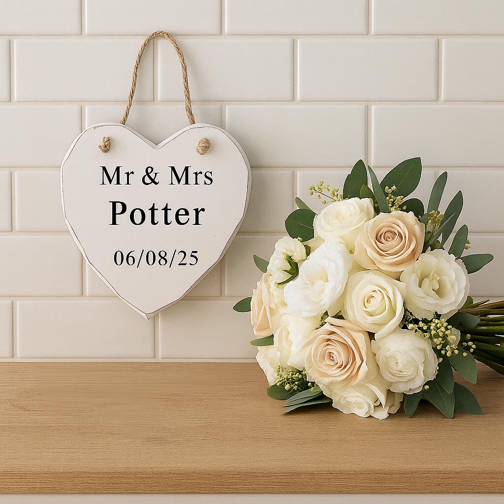Personalised Heart Hanging Sign - Mr & Mrs Wedding Plaque - Custom Date Keepsake Gift - sign by Sarah's Embroidery