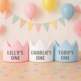 Personalised 1st Birthday Crown: Custom Party Hat - Pink, White & Blue - wall art print by Sarah's Embroidery