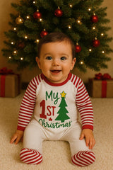 My 1st Christmas Baby Sleepsuit – Red & White Stripes – Festive Newborn Outfit - baby bodysuit by Sarah's Embroidery