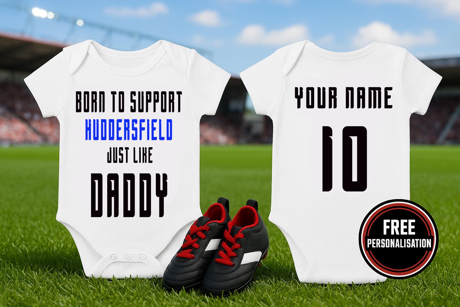 Huddersfield Football Baby Bodysuit - Born to Support - baby bodysuit by Sarah's Embroidery