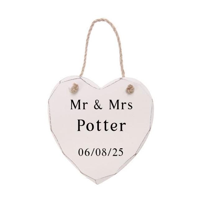 Personalised Heart Hanging Sign - Mr & Mrs Wedding Plaque - Custom Date Keepsake Gift - sign by Sarah's Embroidery