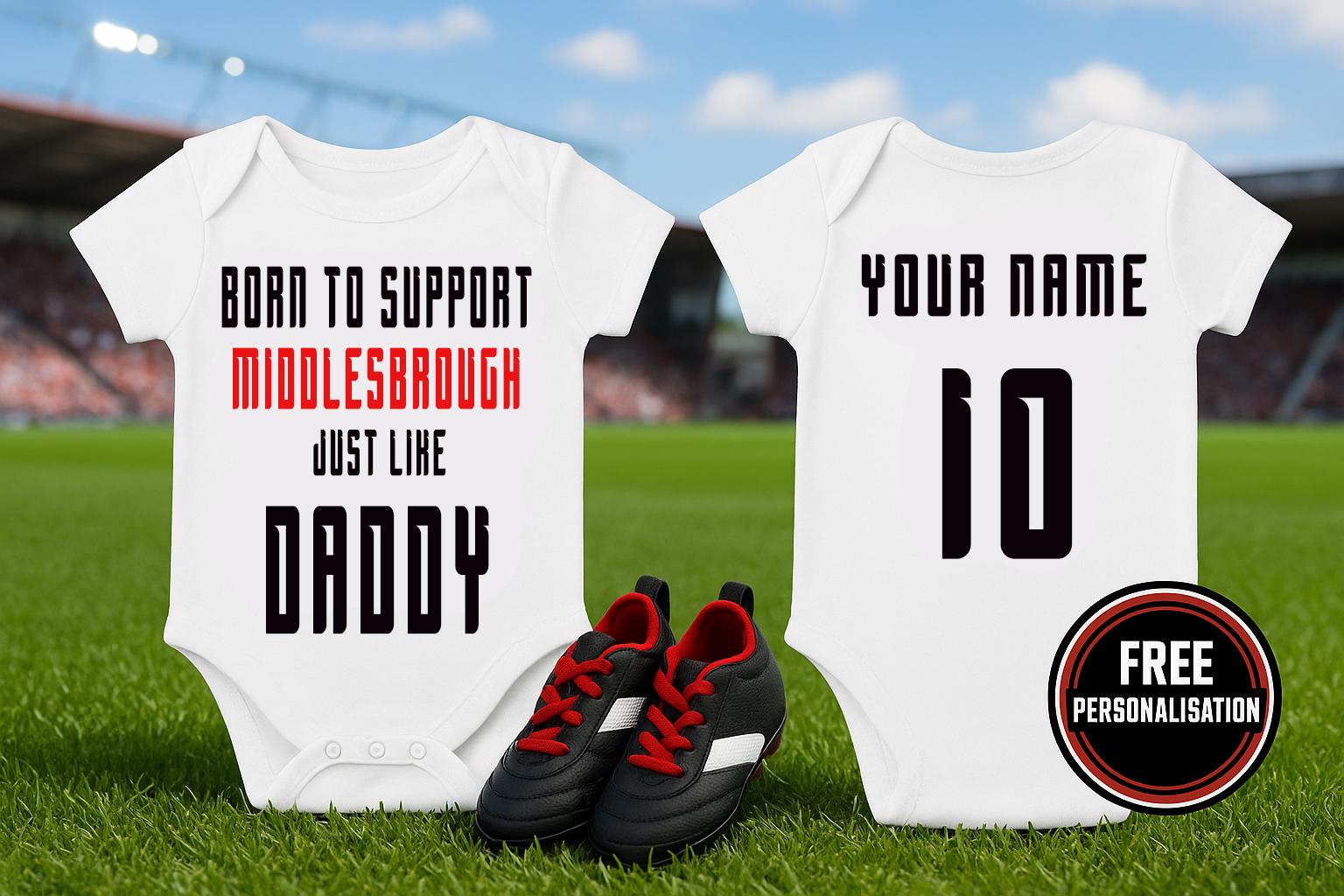 Middlesbrough Baby Bodysuit - Born to Support Football Team - baby bodysuit by Sarah's Embroidery