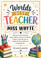 Personalised Teacher Award Certificate - End of Term School Print, Thank You Gift - wall art print by Sarah's Embroidery