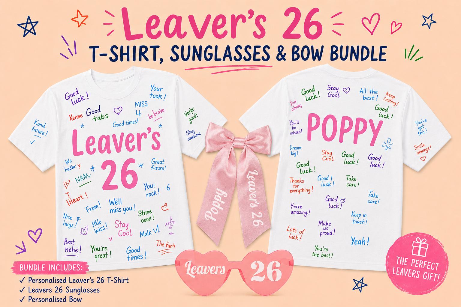 Personalised Leaver's 26 T-Shirt, Sunglasses, Bow Bundle (Class of 2026) - t-shirt by Sarah's Embroidery